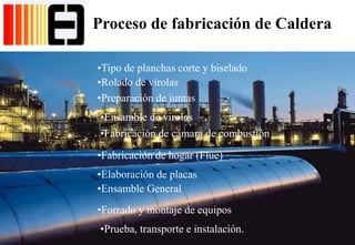 Proceso de fabricación de Caldera
•Tipo de planchas corte y biselado
•Rolado de virolas
•Preparación de juntas
•Ensamble de virolas
•Fabricación de cámara de combustión
•Fabricación de hogar (Flue)
•Elaboración de placas
•Ensamble General
•Forrado y montaje de equipos
•Prueba, transporte e instalación.
 