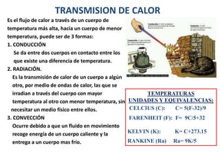 TRANSMISION DE CALOR
Es el flujo de calor a través de un cuerpo de
temperatura más alta, hacia un cuerpo de menor
temperatura, puede ser de 3 formas:
1. CONDUCCIÓN
Se da entre dos cuerpos en contacto entre los
que existe una diferencia de temperatura.
2. RADIACIÓN.
Es la transmisión de calor de un cuerpo a algún
otro, por medio de ondas de calor, las que se
irradian a través del cuerpo con mayor
temperatura al otro con menor temperatura, sin
necesitar un medio físico entre ellos.
3. CONVECCIÓN
Ocurre debido a que un fluido en movimiento
recoge energía de un cuerpo caliente y la
entrega a un cuerpo mas frío.
TEMPERATURAS
UNIDADES Y EQUIVALENCIAS:
CELCIUS (C): C= 5(F-32)/9
FARENHEIT (F): F= 9C/5+32
KELVIN (K): K= C+273.15
RANKINE (Ra) Ra= 9K/5
 