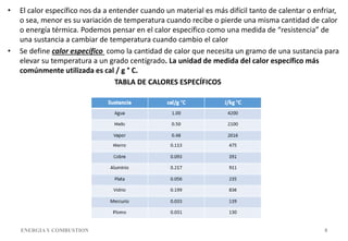 • El calor específico nos da a entender cuando un material es más difícil tanto de calentar o enfriar,
o sea, menor es su variación de temperatura cuando recibe o pierde una misma cantidad de calor
o energía térmica. Podemos pensar en el calor específico como una medida de “resistencia” de
una sustancia a cambiar de temperatura cuando cambio el calor
• Se define calor específico como la cantidad de calor que necesita un gramo de una sustancia para
elevar su temperatura a un grado centígrado. La unidad de medida del calor específico más
comúnmente utilizada es cal / g ° C.
TABLA DE CALORES ESPECÍFICOS
ENERGIAY COMBUSTION 8
 