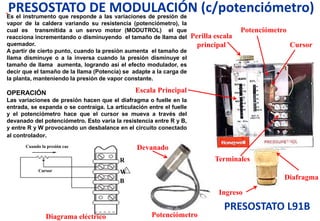Es el instrumento que responde a las variaciones de presión de
vapor de la caldera variando su resistencia (potenciómetro), la
cual es transmitida a un servo motor (MODUTROL) el que
reacciona incrementando o disminuyendo el tamaño de llama del
quemador.
A partir de cierto punto, cuando la presión aumenta el tamaño de
llama disminuye o a la inversa cuando la presión disminuye el
tamaño de llama aumenta, logrando así el efecto modulador, es
decir que el tamaño de la llama (Potencia) se adapte a la carga de
la planta, manteniendo la presión de vapor constante.
OPERACIÓN
Las variaciones de presión hacen que el diafragma o fuelle en la
entrada, se expanda o se contraiga. La articulación entre el fuelle
y el potenciómetro hace que el cursor se mueva a través del
devanado del potenciómetro. Esto varía la resistencia entre R y B,
y entre R y W provocando un desbalance en el circuito conectado
al controlador.
PRESOSTATO DE MODULACIÓN (c/potenciómetro)
Potenciómetro
Cursor
Perilla escala
principal
R
W
B
Diafragma
Ingreso
Terminales
Diagrama eléctrico Potenciómetro
Cuando la presión cae
Cursor
Escala Principal
Devanado
PRESOSTATO L91B
 