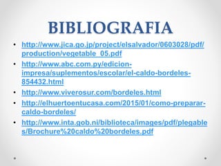 BIBLIOGRAFIA
• http://www.jica.go.jp/project/elsalvador/0603028/pdf/
production/vegetable_05.pdf
• http://www.abc.com.py/edicion-
impresa/suplementos/escolar/el-caldo-bordeles-
854432.html
• http://www.viverosur.com/bordeles.html
• http://elhuertoentucasa.com/2015/01/como-preparar-
caldo-bordeles/
• http://www.inta.gob.ni/biblioteca/images/pdf/plegable
s/Brochure%20caldo%20bordeles.pdf
 