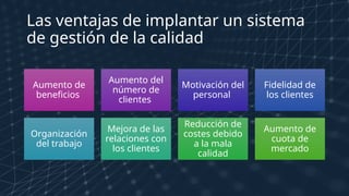 Las ventajas de implantar un sistema
de gestión de la calidad
Aumento de
beneficios
Aumento del
número de
clientes
Motivación del
personal
Fidelidad de
los clientes
Organización
del trabajo
Mejora de las
relaciones con
los clientes
Reducción de
costes debido
a la mala
calidad
Aumento de
cuota de
mercado
 