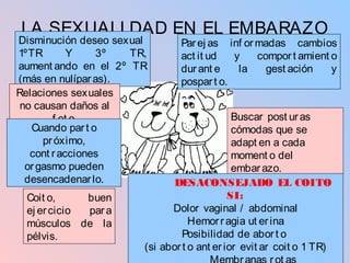 LA SEXUALI DAD EN EL EMBARAZO
Disminución deseo sexual
1ºTR Y 3º TR,
aument ando en el 2º TR
(más en nulíparas).
Relaciones sexuales
no causan daños al
f et o.
Cuando part o
próximo,
cont racciones
orgasmo pueden
desencadenarlo.
Coit o, buen
ej ercicio para
músculos de la
pélvis.
Parej as inf ormadas cambios
act it ud y comport amient o
durant e la gest ación y
pospart o.
Buscar post uras
cómodas que se
adapt en a cada
moment o del
embarazo.
DESACONSEJADO EL COITO
SI:
Dolor vaginal / abdominal
Hemorragia ut erina
Posibilidad de abort o
(si abort o ant erior evit ar coit o 1 TR)
 