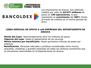 Durante enero a julio de 2013 se han
garantizado créditos para Arauca por
valor de $19.490 millones de pesos en
1.446 oper...