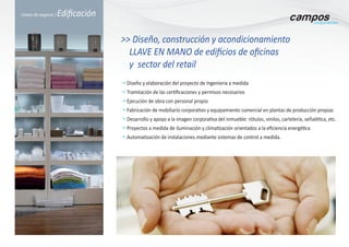 g Diseño y elaboración del proyecto de Ingeniería a medida
g Tramitación de las certificaciones y permisos necesarios
g Ejecución de obra con personal propio
g Fabricación de mobiliario corporativo y equipamiento comercial en plantas de producción propias
g Desarrollo y apoyo a la imagen corporativa del inmueble: rótulos, vinilos, cartelería, señalética, etc.
g Proyectos a medida de iluminación y climatización orientados a la eficiencia energética
g Automatización de instalaciones mediante sistemas de control a medida.
>> Diseño, construcción y acondicionamiento
	 LLAVE EN MANO de edificios de oficinas
	 y sector del retail
Líneas de negocio / Edificación
 