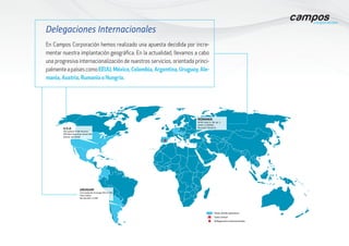 Delegaciones Internacionales
En Campos Corporación hemos realizado una apuesta decidida por incre-
mentar nuestra implantación geográfica. En la actualidad, llevamos a cabo
una progresiva internacionalización de nuestros servicios, orientada princi-
palmenteapaísescomoEEUU, México, Colombia, Argentina, Uruguay, Ale-
mania, Austria, Rumania o Hungría.
Países donde operamos
Delegaciones internacionales
Sede Central
U.S.A
Hemisphere Trade Services
909 West Peachtree Street NW
Atlanta, GA 30309
ROMANIA
Str.Gh Lazar nr. 5B, ap. 1,
sector 1, 010202,
Bucuresti. Romania
URUGUAY
Circunvalación Durango 383 of. 303
Plaza Zabala
Montevideo 11.000
 