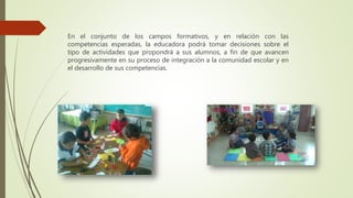 En el conjunto de los campos formativos, y en relación con las
competencias esperadas, la educadora podrá tomar decisiones sobre el
tipo de actividades que propondrá a sus alumnos, a fin de que avancen
progresivamente en su proceso de integración a la comunidad escolar y en
el desarrollo de sus competencias.
 