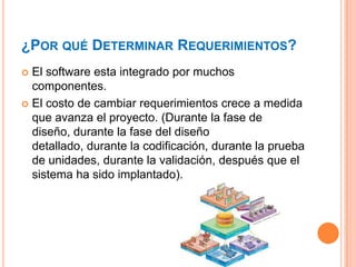 ¿POR QUÉ DETERMINAR REQUERIMIENTOS?
 El software esta integrado por muchos
componentes.
 El costo de cambiar requerimientos crece a medida
que avanza el proyecto. (Durante la fase de
diseño, durante la fase del diseño
detallado, durante la codificación, durante la prueba
de unidades, durante la validación, después que el
sistema ha sido implantado).
 