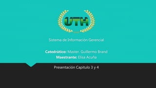 Sistema de Información Gerencial
Catedrático: Master. Guillermo Brand
Maestrante: Elisa Acuña
Presentación Capitulo 3 y 4
 