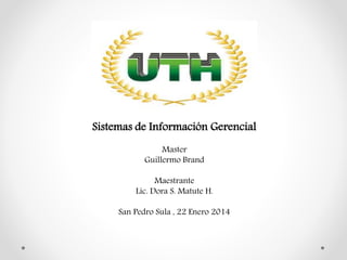 Sistemas de Información Gerencial
Master
Guillermo Brand
Maestrante
Lic. Dora S. Matute H.
San Pedro Sula , 22 Enero 2014
 