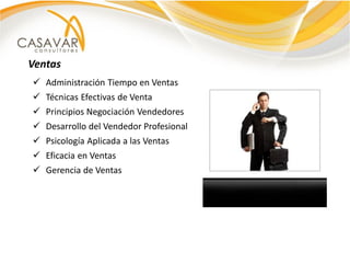 Ventas
 Administración Tiempo en Ventas
 Técnicas Efectivas de Venta
 Principios Negociación Vendedores
 Desarrollo del Vendedor Profesional
 Psicología Aplicada a las Ventas
 Eficacia en Ventas
 Gerencia de Ventas
 