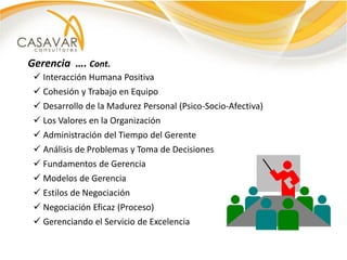 Gerencia …. Cont.
  Interacción Humana Positiva
  Cohesión y Trabajo en Equipo
  Desarrollo de la Madurez Personal (Psico-Socio-Afectiva)
  Los Valores en la Organización
  Administración del Tiempo del Gerente
  Análisis de Problemas y Toma de Decisiones
  Fundamentos de Gerencia
  Modelos de Gerencia
  Estilos de Negociación
  Negociación Eficaz (Proceso)
  Gerenciando el Servicio de Excelencia
 