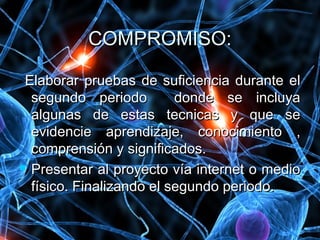 COMPROMISO:COMPROMISO:
Elaborar pruebas de suficiencia durante elElaborar pruebas de suficiencia durante el
segundo periodo donde se incluyasegundo periodo donde se incluya
algunas de estas tecnicas y que sealgunas de estas tecnicas y que se
evidencie aprendizaje, conocimiento ,evidencie aprendizaje, conocimiento ,
comprensión y significados.comprensión y significados.
 Presentar al proyecto vía internet o medioPresentar al proyecto vía internet o medio
físico. Finalizando el segundo periodo.físico. Finalizando el segundo periodo.
 