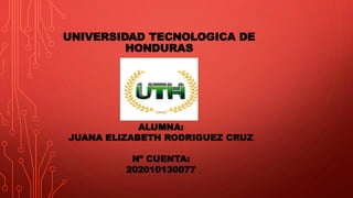 UNIVERSIDAD TECNOLOGICA DE
HONDURAS
ALUMNA:
JUANA ELIZABETH RODRIGUEZ CRUZ
Nº CUENTA:
202010130077
 