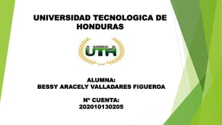 UNIVERSIDAD TECNOLOGICA DE
HONDURAS
ALUMNA:
BESSY ARACELY VALLADARES FIGUEROA
Nº CUENTA:
202010130205
 