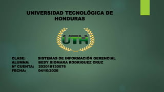 UNIVERSIDAD TECNOLÓGICA DE
HONDURAS
CLASE: SISTEMAS DE INFORMACIÓN GERENCIAL
ALUMNA: BESY XIOMARA RODRIGUEZ CRUZ
Nº CUENTA: 202010130076
FECHA: 04/10/2020
 