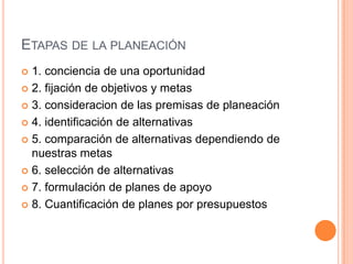  1. conciencia de una oportunidad
 2. fijación de objetivos y metas
 3. consideracion de las premisas de planeación
 4. identificación de alternativas
 5. comparación de alternativas dependiendo de
nuestras metas
 6. selección de alternativas
 7. formulación de planes de apoyo
 8. Cuantificación de planes por presupuestos
ETAPAS DE LA PLANEACIÓN
 