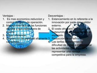 Ventajas :
1. Es mas economico.reduccion y
control del gasto de operación.
2. Manejo mas fácil de las funciones
difíciles o que están fuera de
control.
3. Mayor eficiencia.
4. Disposición de personal altamente
capacitado.
Desventajas :
1. Estancamiento en lo referente a la
innovación por parte del suplidor
externo.
2. El costo ahorrado con el uso del
outsourcing puede que no sea el
esperado.
3. Reducción de beneficios.
4. Las tarifas incrementan la
dificultad de volver a implementar
las actividades que vuelvan a
representar una ventaja
competitiva para la empresa.
 