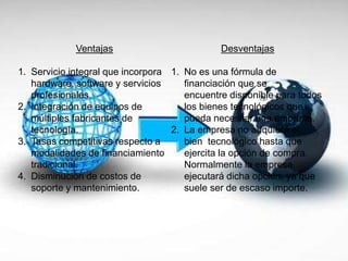 Ventajas
1. Servicio integral que incorpora
hardware, software y servicios
profesionales.
2. Integración de equipos de
múltiples fabricantes de
tecnología.
3. Tasas competitivas respecto a
modalidades de financiamiento
tradicional.
4. Disminución de costos de
soporte y mantenimiento.
Desventajas
1. No es una fórmula de
financiación que se
encuentre disponible para todos
los bienes tecnológicos que
pueda necesitar una empresa.
2. La empresa no adquiere el
bien tecnológico hasta que
ejercita la opción de compra.
Normalmente la empresa
ejecutará dicha opción, ya que
suele ser de escaso importe.
 