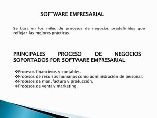 SOFTWARE EMPRESARIAL 
Se basa en los miles de procesos de negocios predefinidos que 
reflejan las mejores prácticas 
PRINCIPALES PROCESO DE NEGOCIOS 
SOPORTADOS POR SOFTWARE EMPRESARIAL 
Procesos financieros y contables. 
Procesos de recursos humanos como administración de personal. 
Procesos de manufactura y producción. 
Procesos de venta y marketing. 
 