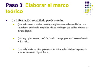 14
Paso 3. Elaborar el marco
teórico
 La información recopilada puede revelar:
 Que existe una o varias teorías completamente desarrolladas, con
abundante evidencia empírica (datos reales) y que aplica al tema de
investigación.
 Que hay “piezas o trozos” de teoría con apoyo empírico moderado
o limitado.
 Que solamente existen guías aún no estudiadas e ideas vagamente
relacionadas con el problema.
 