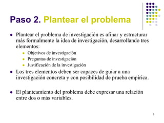 5
Paso 2. Plantear el problema
 Plantear el problema de investigación es afinar y estructurar
más formalmente la idea de investigación, desarrollando tres
elementos:
 Objetivos de investigación
 Preguntas de investigación
 Justificación de la investigación
 Los tres elementos deben ser capaces de guiar a una
investigación concreta y con posibilidad de prueba empírica.
 El planteamiento del problema debe expresar una relación
entre dos o más variables.
 