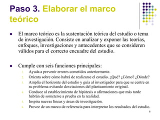 8
Paso 3. Elaborar el marco
teórico
 El marco teórico es la sustentación teórica del estudio o tema
de investigación. Consiste en analizar y exponer las teorías,
enfoques, investigaciones y antecedentes que se consideren
válidos para el correcto encuadre del estudio.
 Cumple con seis funciones principales:
1. Ayuda a prevenir errores cometidos anteriormente.
2. Orienta sobre cómo habrá de realizarse el estudio. ¿Qué? ¿Cómo? ¿Dónde?
3. Amplía el horizonte del estudio y guía al investigador para que se centre en
su problema evitando desviaciones del planteamiento original.
4. Conduce al establecimiento de hipótesis o afirmaciones que más tarde
habrán de someterse a prueba en la realidad.
5. Inspira nuevas líneas y áreas de investigación.
6. Provee de un marco de referencia para interpretar los resultados del estudio.
 