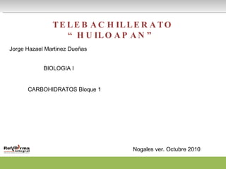 TELEBACHILLERATO “HUILOAPAN” Jorge Hazael Martinez Dueñas  BIOLOGIA I CARBOHIDRATOS Bloque 1 Nogales ver. Octubre 2010 