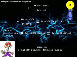 Reemplazando valores en la expresión :
( 9 x 10*9 ) ( q ) ( q )
2 = -----------------------------
( 2 x 10*--1 )²
(9 x 10*9 ) ( q² )
2 = ----------------------
( 4 x 10*--2 )
8 x 10*--2
---------------- = ( q² )
9 x 10*9
8 x 10*--2 = ( 9 x 10*9 ) ( q² )
( q² ) = 0,888 x 10*--11 ( q² ) = 8,88 x 10*--12
RESPUESTA:
q = 2,98 x 10*-6 Coulomb ; también : q = 2,98 µC
 