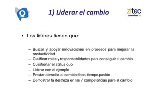 Reflexión
“Lo tangible es lo fácil. Lo emocional es lo difícil. La
calidad total tiene que ver al 90% con las emociones y
las personas”
“The hard stuff is the easy stuff. The soft stuff´s the hard
stuff. Total quality is 90% a people deal”
Tom Malone
President, Milliken Mills
 