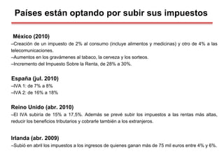 Países están optando por subir sus impuestos
México (2010)
–Creación de un impuesto de 2% al consumo (incluye alimentos y medicinas) y otro de 4% a las
telecomunicaciones.
–Aumentos en los gravámenes al tabaco, la cerveza y los sorteos.
–Incremento del Impuesto Sobre la Renta, de 28% a 30%.
España (jul. 2010)
–IVA 1: de 7% a 8%
–IVA 2: de 16% a 18%
Reino Unido (abr. 2010)
–El IVA subiría de 15% a 17,5%. Además se prevé subir los impuestos a las rentas más altas,
reducir los beneficios tributarios y cobrarle también a los extranjeros.
Irlanda (abr. 2009)
–Subió en abril los impuestos a los ingresos de quienes ganan más de 75 mil euros entre 4% y 6%.
 