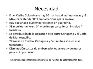 Necesidad
Embarcaciones en transito en Capitanía de Puertos de Colombia 2007-2011
• En el Caribe Colombiano hay 10 marinas, 6 marinas secas y 6
MAV. Para atender 899 embarcaciones para amarre.
• Hay que añadir 800 embarcaciones en guardería.
• 38 muelles menores. 34 muelles embarcaderos. Incluido 4
turísticos.
• La distribución de la ubicación esta entre Cartagena y el Golfo
de Mor rosquillo.
• 27 zonas de fondeo. Cartagena y San Andres son los mas
frecuentes.
• Disminución costos de embarcaciones veleros y de motor
para su importación.
 