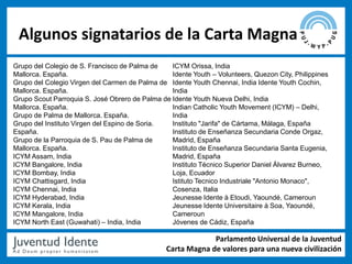 Algunos signatarios de la Carta Magna
Grupo del Colegio de S. Francisco de Palma de    ICYM Orissa, India
Mallorca. España...