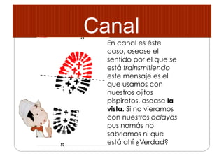 Canal
En canal es éste
caso, osease el
sentido por el que se
está trainsmitiendo
este mensaje es el
que usamos con
nuestros ojitos
pispiretos, osease la
vista. Si no vieramos
con nuestros oclayos
pus nomás no
sabríamos ni que
está ahí ¿Verdad?
 