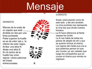 Mensaje
DENNOTA
Marcas de la suela de
un zapato que está
dividida en dos por una
linea punteada.
Parte superior la huella
es es de color rojo y la
inferior de color negro.
Arriba: una letra N
Abajo una letra S.
En el centro de la
huella hay unos
signos: varios patrones
de líneas
entrecruzadas.
CONNOTA
Suela: está pisando como de
este lado y del otro también.
La línia puntiada nos representa
la línia esa que divide nuestra
frontera.
La N hace referencia al Norte
osease los Unitet
La S nos habla de todos los
países de abajito de ahí y que
se quieren brincar el charco.
Los signos del medio pus ora si
que podemos pensar en que
son cruces; ya ven ustedes que
luego los compadritos que se
cruzan el charco pus nomás no
regresan.
 