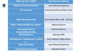 Taller de Cine y Vídeo Juan Manuel Espinosa
Club de Cine Internacional Juan Manuel Espinosa
Sin Fronteras Gerardo Gutierrez/Pilar Yuste
Taller de Astronomía Rosa María Muro /M. Rincón
Taller “Informatic@s sin Limites” Manuel Garcia
Educación para el
DesarrolloSostenible
Marina Navarro
Baile Moderno Monitor APA
Participacion, colaboracion, control
y…
Inma Aleñar/ Pablo Mora
Taller de Debate Juan Manuel Espinosa
Conjunto Instrumental Nevenka Galán
 