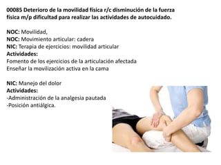 00085 Deterioro de la movilidad física r/c disminución de la fuerza 
física m/p dificultad para realizar las actividades de autocuidado. 
NOC: Movilidad, 
NOC: Movimiento articular: cadera 
NIC: Terapia de ejercicios: movilidad articular 
Actividades: 
Fomento de los ejercicios de la articulación afectada 
Enseñar la movilización activa en la cama 
NIC: Manejo del dolor 
Actividades: 
-Administración de la analgesia pautada 
-Posición antiálgica. 
 