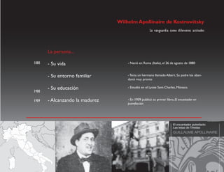 Wilhelm Apollinaire de Kostrowitsky
                                                     La vanguardia como diferentes actitudes




       La persona...

1880   - Su vida                     - Nació en Roma (Italia), el 26 de agosto de 1880


       - Su entorno familiar         - Tenia un hermano llamado Albert. Su padre los aban-
                                     donó muy pronto

       - Su educación                - Estudió en el Lycee Sant-Charles, Mónaco.
1900

1909   - Alcanzando la madurez       - En 1909 publicó su primer libro, El encantador en
                                     putrefacción
 