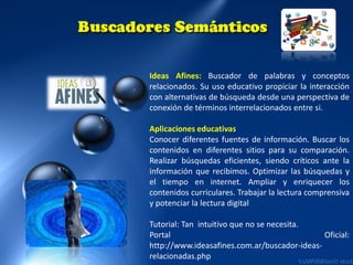 Ideas Afines: Buscador de palabras y conceptos
relacionados. Su uso educativo propiciar la interacción
con alternativas de búsqueda desde una perspectiva de
conexión de términos interrelacionados entre si.
Aplicaciones educativas
Conocer diferentes fuentes de información. Buscar los
contenidos en diferentes sitios para su comparación.
Realizar búsquedas eficientes, siendo críticos ante la
información que recibimos. Optimizar las búsquedas y
el tiempo en internet. Ampliar y enriquecer los
contenidos curriculares. Trabajar la lectura comprensiva
y potenciar la lectura digital
Tutorial: Tan intuitivo que no se necesita.
Portal
Oficial:
http://www.ideasafines.com.ar/buscador-ideasrelacionadas.php

 