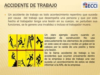 ACCIDENTE DE TRABAJO
 Un accidente de trabajo es todo acontecimiento repentino que suceda
por causa del trabajo que desempeña una persona y que por este
hecho el trabajador tenga una lesión en su cuerpo, se perturben sus
funciones, se le genere una invalidez o incluso el trabajador muera.
Un claro ejemplo ocurre cuando un
trabajador de construcción No usa
adecuadamente los elementos de protección
en este caso el casco y recibe un golpe en la
cabeza por la caída de una piedra y tiene
una lesión.
Se le llama accidente de trabajo a los
accidentes que ocurran únicamente dentro
de la empresa o área de trabajo una vez
suceda un acontecimiento de estos se debe
informar a la ARL de la empresa
 