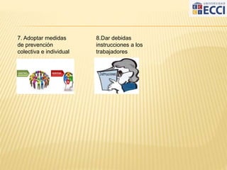 7. Adoptar medidas
de prevención
colectiva e individual
8.Dar debidas
instrucciones a los
trabajadores
 