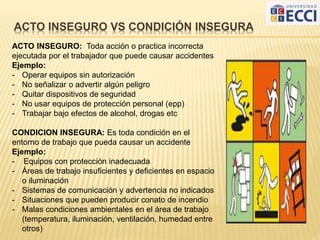 ACTO INSEGURO VS CONDICIÓN INSEGURA
ACTO INSEGURO: Toda acción o practica incorrecta
ejecutada por el trabajador que puede causar accidentes
Ejemplo:
- Operar equipos sin autorización
- No señalizar o advertir algún peligro
- Quitar dispositivos de seguridad
- No usar equipos de protección personal (epp)
- Trabajar bajo efectos de alcohol, drogas etc
CONDICION INSEGURA: Es toda condición en el
entorno de trabajo que pueda causar un accidente
Ejemplo:
- Equipos con protección inadecuada
- Áreas de trabajo insuficientes y deficientes en espacio
o iluminación
- Sistemas de comunicación y advertencia no indicados
- Situaciones que pueden producir conato de incendio
- Malas condiciones ambientales en el área de trabajo
(temperatura, iluminación, ventilación, humedad entre
otros)
 