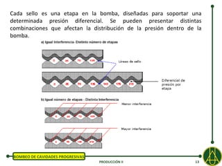 Cada sello es una etapa en la bomba, diseñadas para soportar una
determinada presión diferencial. Se pueden presentar distintas
combinaciones que afectan la distribución de la presión dentro de la
bomba.




 BOMBEO DE CAVIDADES PROGRESIVAS
                                   PRODUCCIÓN II                 13
 