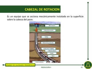 CABEZAL DE ROTACION
 Es un equipo que se acciona mecánicamente instalado en la superficie
 sobre la cabeza del pozo.




                          cabezal directo




BOMBEO DE CAVIDADES PROGRESIVAS
                                    PRODUCCIÓN II                 22
 