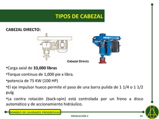 TIPOS DE CABEZAL

CABEZAL DIRECTO:




•Carga axial de 33,000 libras
•Torque continuo de 1,000 pie x libra.
•potencia de 75 KW (100 HP)
•El eje impulsor hueco permite el paso de una barra pulida de 1 1/4 o 1 1/2
pulg
•La contra rotación (back-spin) está controlada por un freno a disco
automático y de accionamiento hidráulico.
  BOMBEO DE CAVIDADES PROGRESIVAS
                                    PRODUCCIÓN II                        24
 