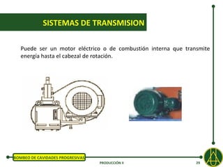 SISTEMAS DE TRANSMISION

   Puede ser un motor eléctrico o de combustión interna que transmite
   energía hasta el cabezal de rotación.




BOMBEO DE CAVIDADES PROGRESIVAS
                                  PRODUCCIÓN II                 29
 