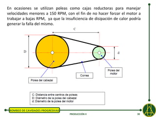 En ocasiones se utilizan poleas como cajas reductoras para manejar
velocidades menores a 150 RPM, con el fin de no hacer forzar el motor a
trabajar a bajas RPM, ya que la insuficiencia de disipación de calor podría
generar la falla del mismo.




 BOMBEO DE CAVIDADES PROGRESIVAS
                                   PRODUCCIÓN II                         30
 