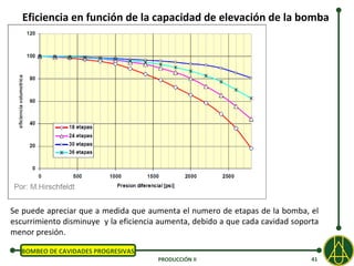 Eficiencia en función de la capacidad de elevación de la bomba




Se puede apreciar que a medida que aumenta el numero de etapas de la bomba, el
escurrimiento disminuye y la eficiencia aumenta, debido a que cada cavidad soporta
menor presión.

  BOMBEO DE CAVIDADES PROGRESIVAS
                                       PRODUCCIÓN II                            41
 