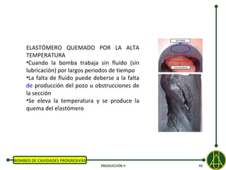 ELASTÓMERO QUEMADO POR LA ALTA
     TEMPERATURA
     •Cuando la bomba trabaja sin fluido (sin
     lubricación) por largos periodos de tiempo
     •La falta de fluido puede deberse a la falta
     de producción del pozo u obstrucciones de
     la sección
     •Se eleva la temperatura y se produce la
     quema del elastómero




BOMBEO DE CAVIDADES PROGRESIVAS
                                  PRODUCCIÓN II     45
 