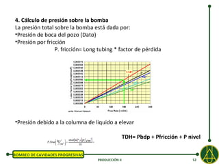 4. Cálculo de presión sobre la bomba
La presión total sobre la bomba está dada por:
•Presión de boca del pozo (Dato)
•Presión por fricción
                 P. fricción= Long tubing * factor de pérdida




•Presión debido a la columna de liquido a elevar

                                                  TDH= Pbdp + Pfricción + P nivel

BOMBEO DE CAVIDADES PROGRESIVAS
                                  PRODUCCIÓN II                              52
 